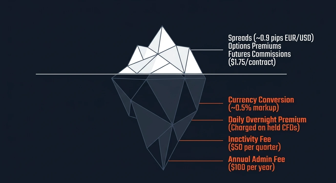 AvaTrade cost iceberg: visible costs are spreads (~0.9 pips EUR/USD), options premiums and futures commissions ($1.75/contract); hidden costs are ~0.5% currency conversion, daily overnight premium, $50 quarterly inactivity fee and $100 annual admin fee