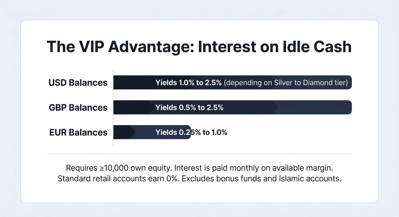 AvaTrade VIP interest on idle cash: USD balances 1.0% to 2.5%, GBP 0.5% to 2.5%, EUR 0.25% to 1.0% depending on Silver to Diamond tier. Requires 10,000 own equity; standard accounts earn 0%