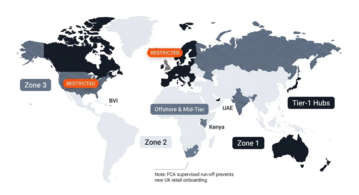 AvaTrade global client zones: Tier-1 hubs in the EU, Australia and Japan; mid-tier entities in South Africa, the UAE, Israel and Kenya; offshore BVI entity for the rest of the world. The US and UK are restricted