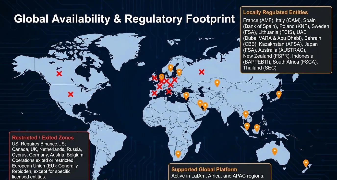 Binance Global Availability: Active in LatAm, Africa, and APAC. Locally regulated in France (AMF/ACPR), Spain (Bank of Spain), Italy (OAM), UAE (Dubai VARA), Japan (FSA). Restricted/Exited: US (separate Binance.US), Canada (fully exited May 2023), UK (no new retail clients, FCA), Netherlands and Russia (exited)