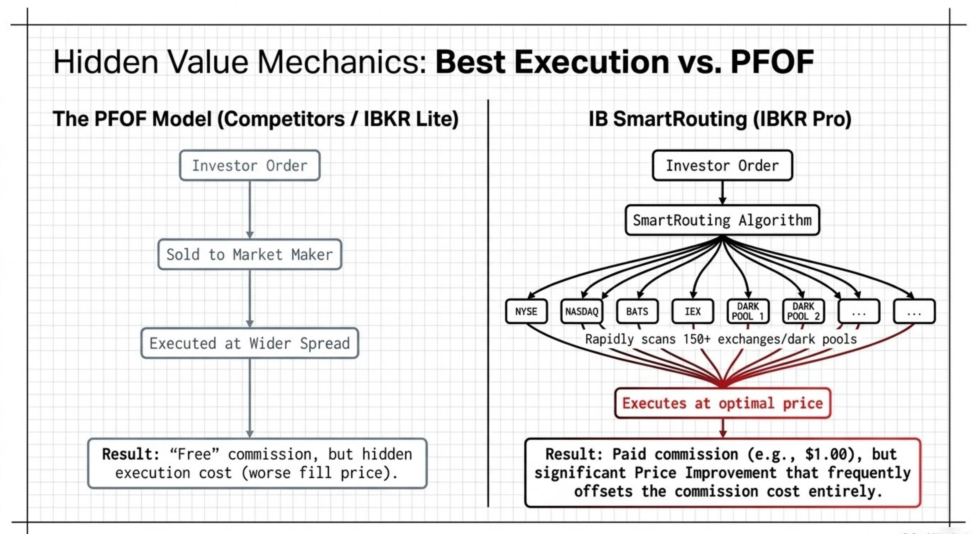 PFOF Model: Investor Order → Sold to Market Maker → Executed at Wider Spread → 'Free' commission but hidden cost. IB SmartRouting: Rapidly scans 150+ exchanges/dark pools → Executes at optimal price → Paid commission but Price Improvement often offsets entirely.