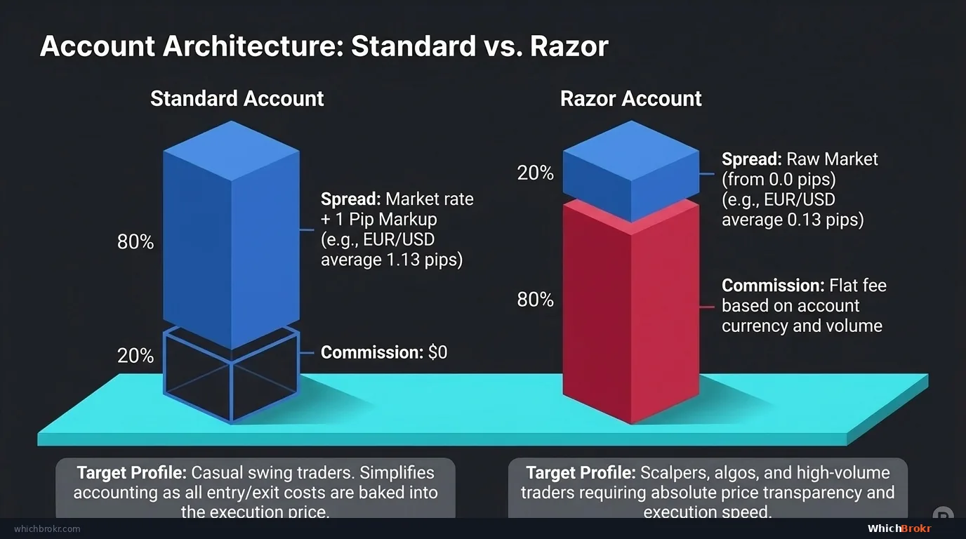Pepperstone Account Architecture: Standard (spread-only, 1 pip markup, EUR/USD avg 1.1 pips) vs Razor (raw spread from 0.0 pips + $3.50/lot commission on MT4/MT5)