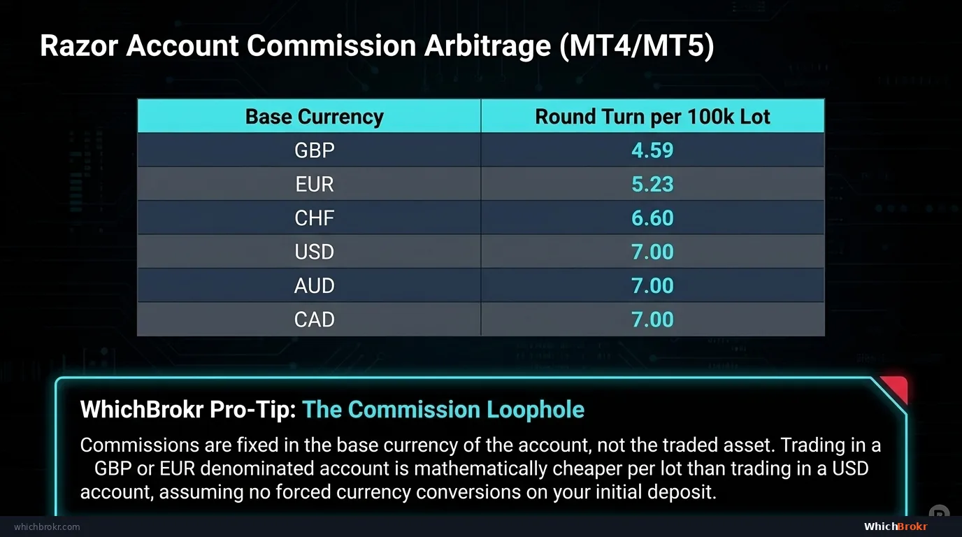 Razor Commission Arbitrage: MT4/MT5 $3.50/lot per side vs cTrader $3.00/lot per side. For 10 lots/day, cTrader saves $10/day = $2,600/year. Algorithmic traders should default to cTrader for the lower rate.