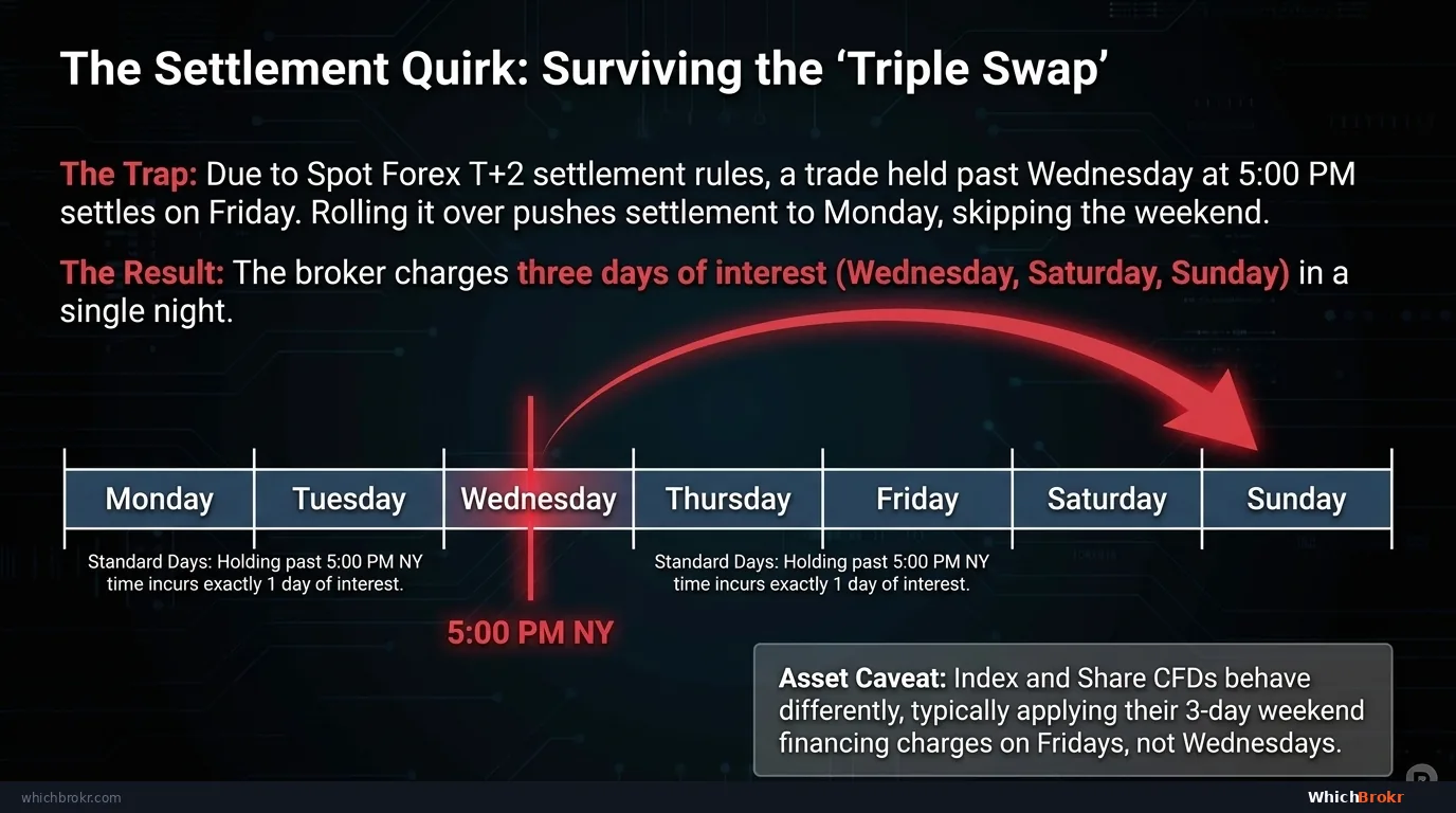 Triple Swap Wednesday: FX settles T+2. A Monday trade settles Wednesday. A Wednesday trade settles Friday. A Thursday trade settles Monday (bridging the weekend). Pepperstone charges 3× the overnight rate on Wednesday to account for the weekend funding gap.
