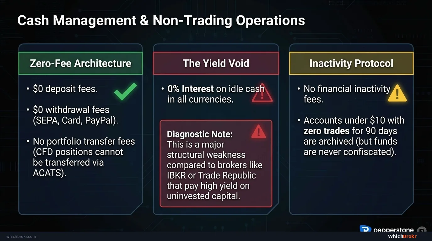 Pepperstone Cash Management: No deposit fee. No withdrawal fee. No monthly maintenance fee. No inactivity fee (account archived after 90 days but no charge). Zero interest on cash balances. No negative balance protection on professional accounts.