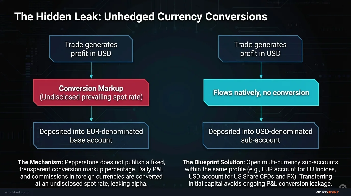 Pepperstone Hidden FX Conversion Leak: A EUR-base account trading US30 (USD-denominated) P&L. At trade close, Pepperstone converts USD profit/loss to EUR at their internal rate. The conversion spread is 0.3–0.5% — charged each time, with no visible line item on the confirmation.