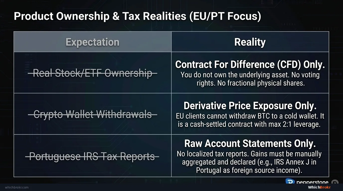 Product Ownership and Tax Realities: CFDs = contract with Pepperstone, not ownership of underlying. No shareholder rights, no dividend ownership (only cash adjustments). Tax treated as capital gains or speculative income in most jurisdictions. DEGIRO/Saxo comparison: real asset ownership has different tax characteristics.