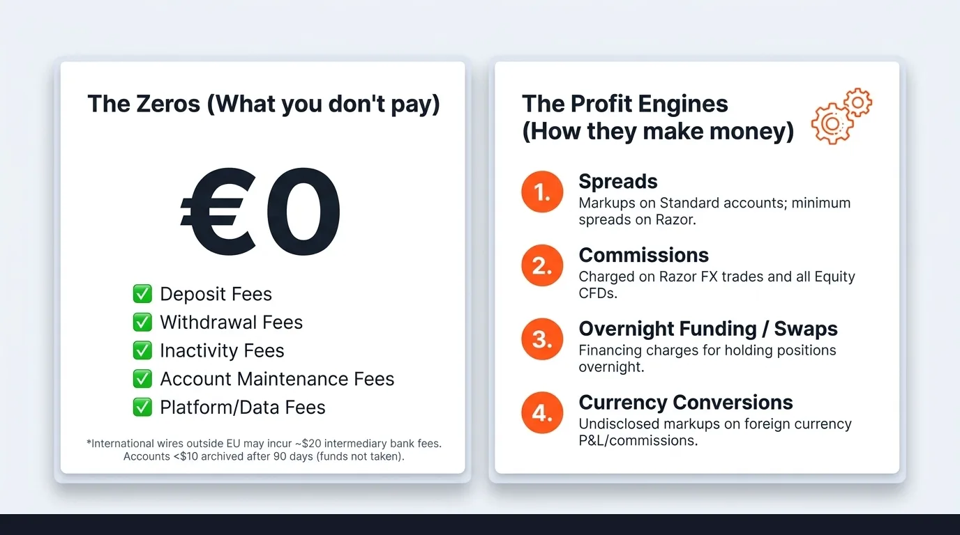 Pepperstone Profit Engine: The Zeros (no deposit fee, no withdrawal fee, no inactivity fee, no account maintenance) vs The Profit Engines (spread markup on Standard, commission on Razor, overnight funding differential, FX conversion markup)