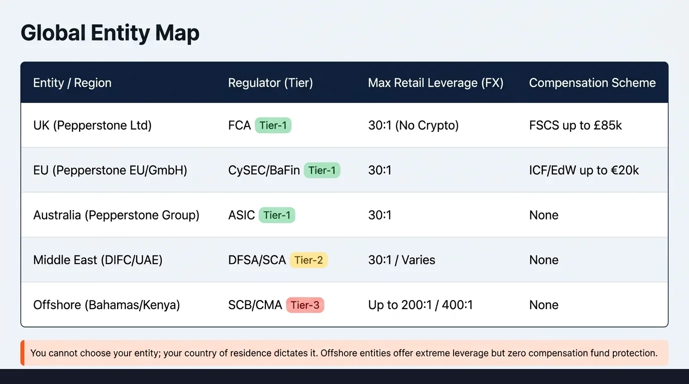 Pepperstone Global Entity Map — detailed table showing ASIC/FCA/CySEC/BaFin/SCB/DFSA/CMA with leverage limits, compensation schemes, and jurisdiction notes