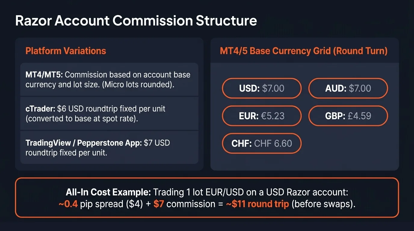 Razor Commission Structure teardown: MT4/MT5 $3.50 per side = $7.00 round-trip per standard lot. cTrader $3.00 per side = $6.00 round-trip. TradingView integration uses MT5 rates. Commission denominated in account base currency.