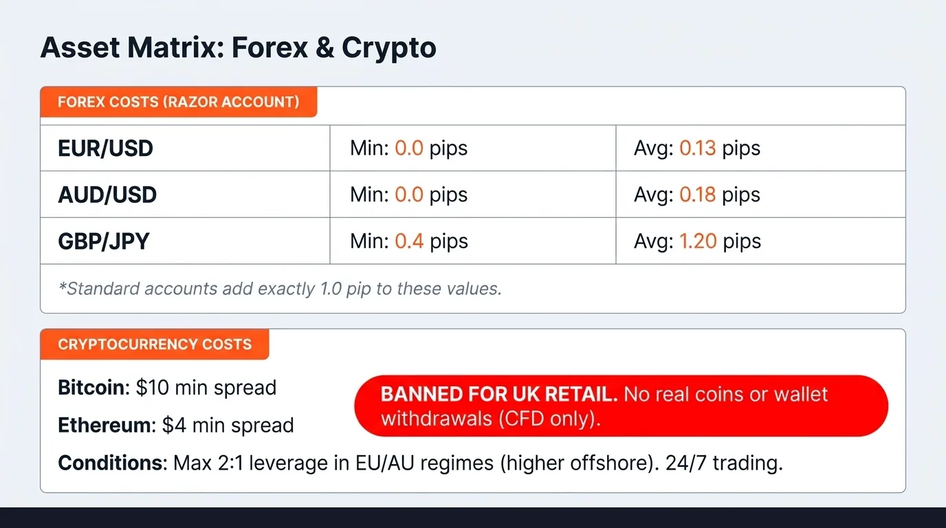 Asset Matrix Forex and Crypto: Major FX pairs on Razor from 0.0 pips + $3.50/side. Minor pairs 0.3–1.5 pips avg. Crypto (BTC/USD) 40 pips spread equivalent, no commission, 24/7 availability.