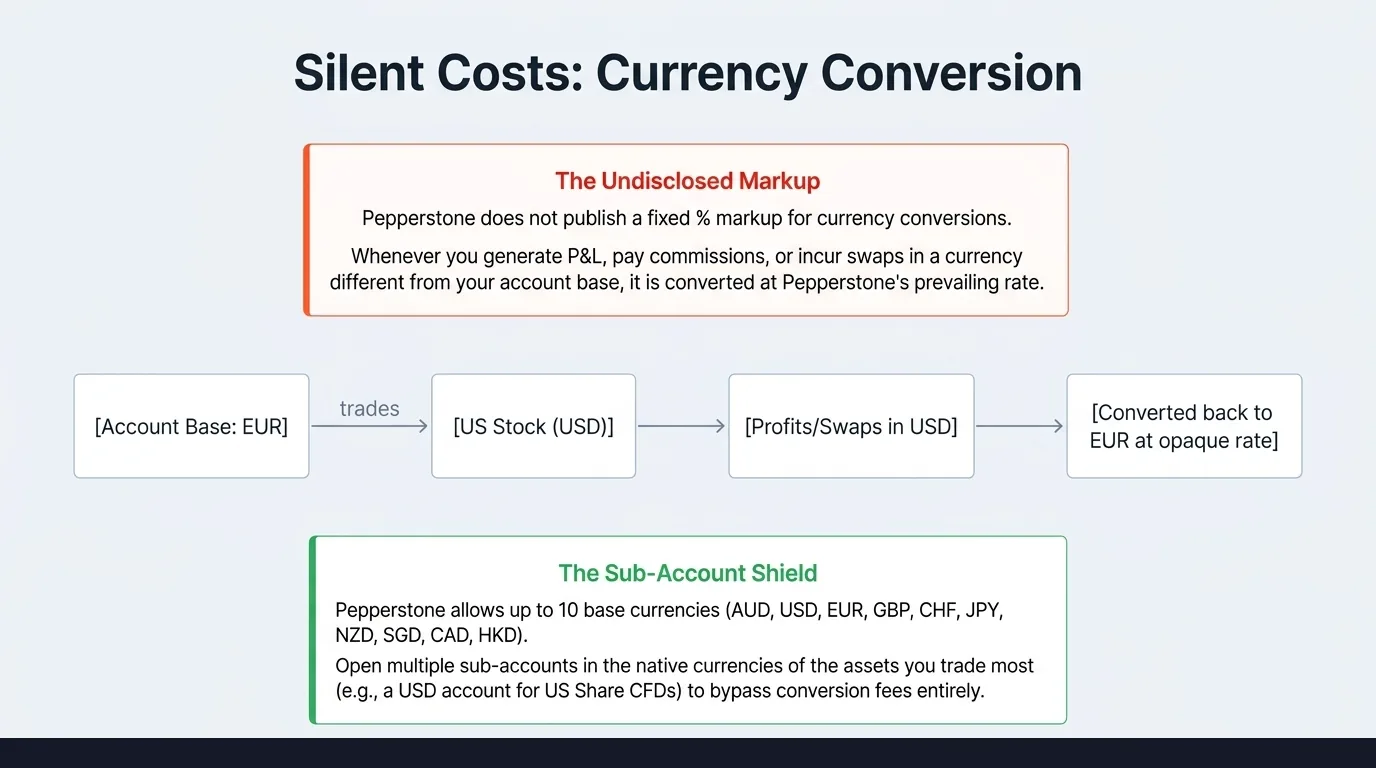 Silent Costs — Currency Conversion deep dive: EUR-base account trading S&P 500 and UK100. On S&P 500 close, USD P&L converted to EUR at mid + 0.4%. On UK100 close, GBP P&L converted to EUR. Effective annual drag on diversified portfolio: 0.3–0.8% depending on frequency.