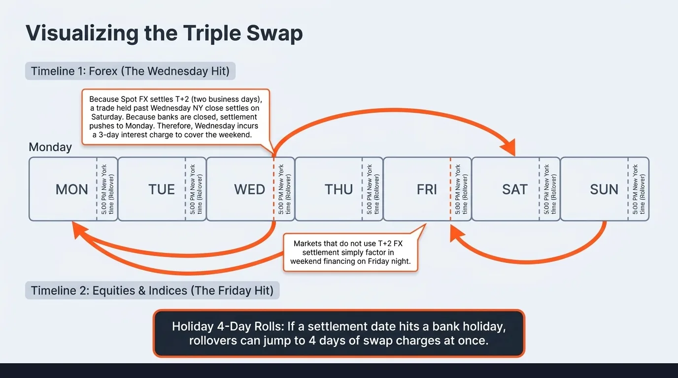 Visualizing the Triple Swap: Timeline showing Mon/Tue = 1× swap; Wed position = 3× swap charged Thursday 00:00. Annual impact on 1 lot EUR/USD at -5 pips/day swap: standard days = $5, Wednesday = $15. Weekly total: 9× daily rate.