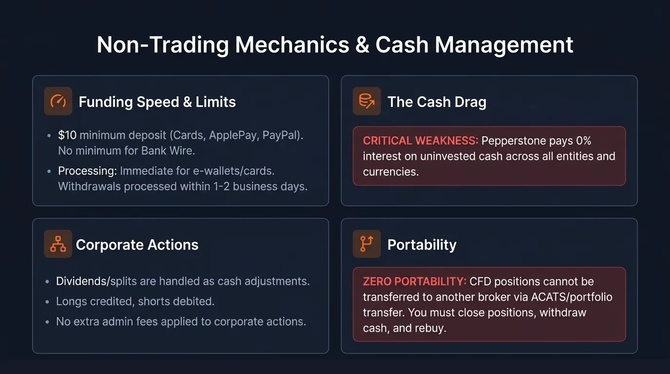 Non-Trading Mechanics & Cash Management: 0% interest on all idle cash. 90-day archive threshold (no trading activity). Archived accounts retain funds — no penalty. Wire withdrawals may incur bank charges. No intra-day margin call grace period noted.