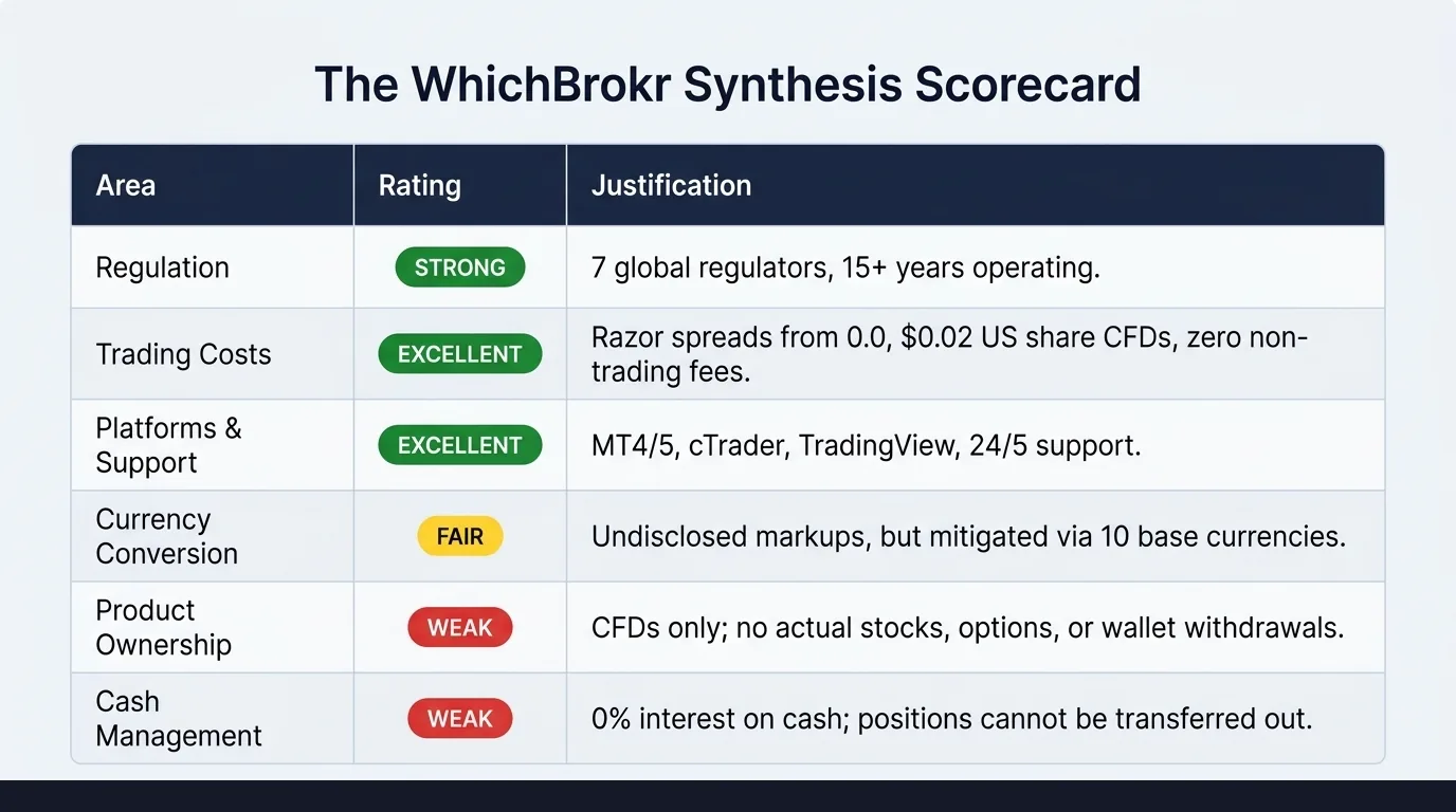 WhichBrokr Synthesis Scorecard: Spreads 9/10 (genuinely competitive on majors). Commission 7/10 (fair but cTrader vs MT5 gap matters). Overnight Funding 6/10 (admin fee adds 3% always). FX Conversion 5/10 (silent cost, hard to avoid). Cash Yield 4/10 (0% in high-rate environment). Overall: 7.2/10.